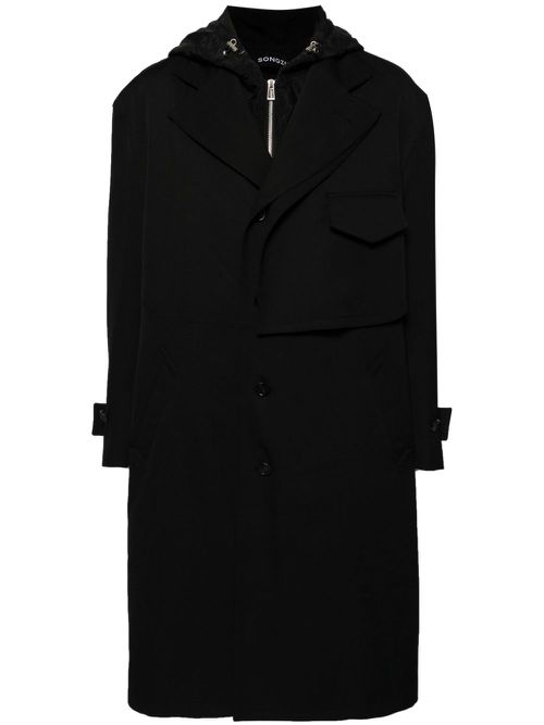 Detachable-hood wool trench coat - Black