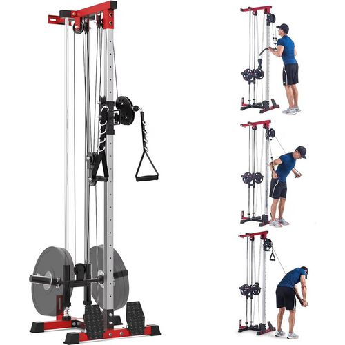 Garvee Wall Mount Cable Machine, LAT Pulldown Machine with Adjustable Pulley System for Home Gym, Cable Crossover Machine with 20 Positions, Weight Pulley System, Cable Towel, Red