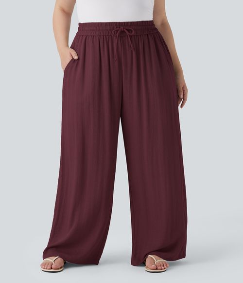 High Waisted Drawstring Linen-Feel Wide Leg Casual Plus Size Pants with Pockets  - Zinfandel