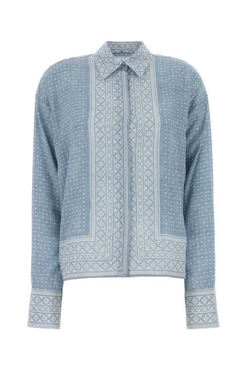 Silk Geometric-Jacquard Shirt — Blue