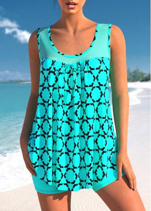 Modlily Geometric Print Cyan Fishnet Panel Tankini Top