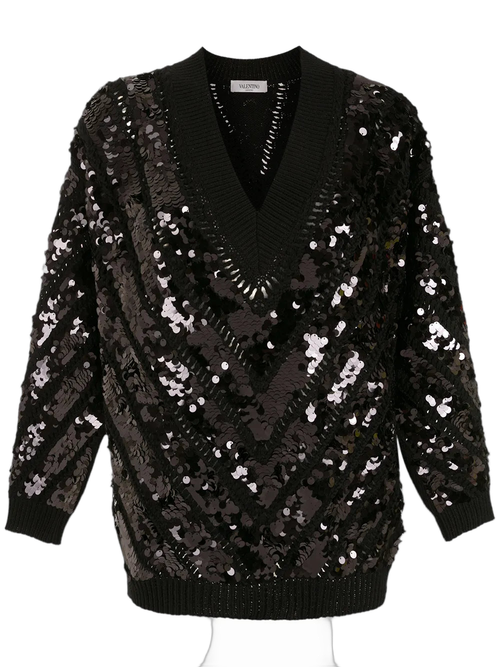 Sequin-Embellished Virgin Wool Sweater — Black