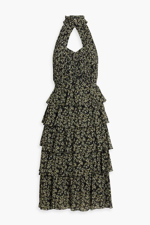 Cutout tiered printed crepe de chine midi dress - Black - US 14