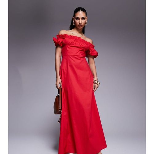 Kaiia Womens exclusive cotton rich bardot poplin puff sleeve maxi dress in red