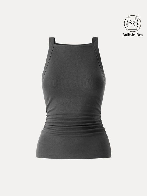 Square Neck Ruched Rib Bra Tank - Davy