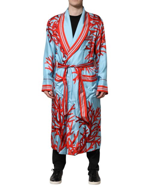 Silk Coral Print Wrap Coat — Blue