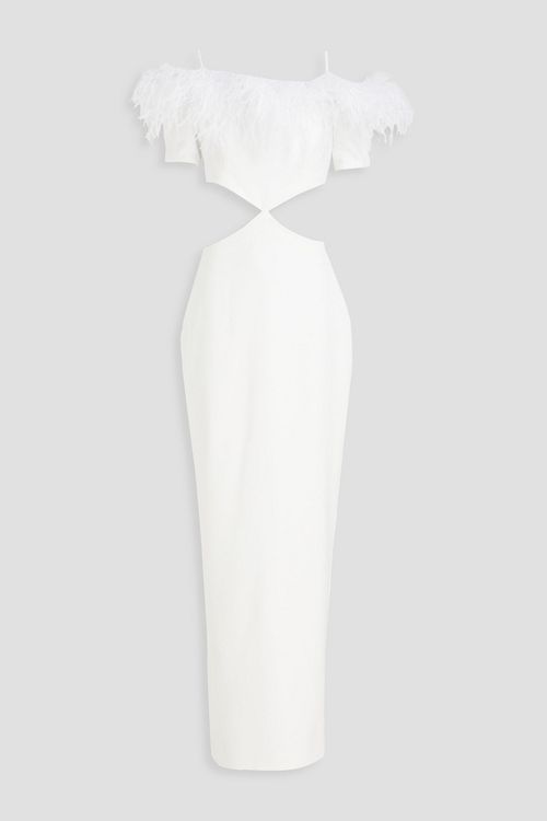 Cold-shoulder feather-trimmed crepe maxi dress