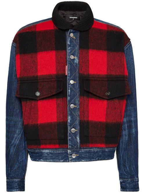 Check-print denim jacket - Blue