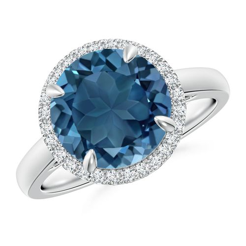 Angara 4.2 Carats Round London Blue Topaz Cathedral Ring with Diamond Halo in Platinum