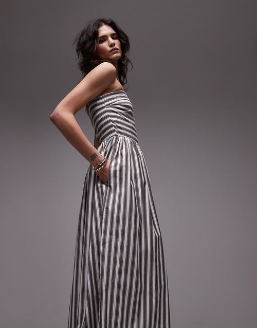 Topshop bandeau full hem dress in bleached stripe-Multi