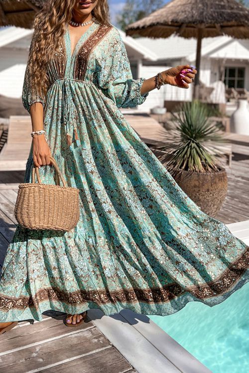 Green Boho Floral Print Lace-up Open Back High Waist Maxi Dress - GREEN / L / 100%POLYESTER