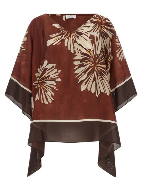 Floral-Print Silk Blouse — Burgundy