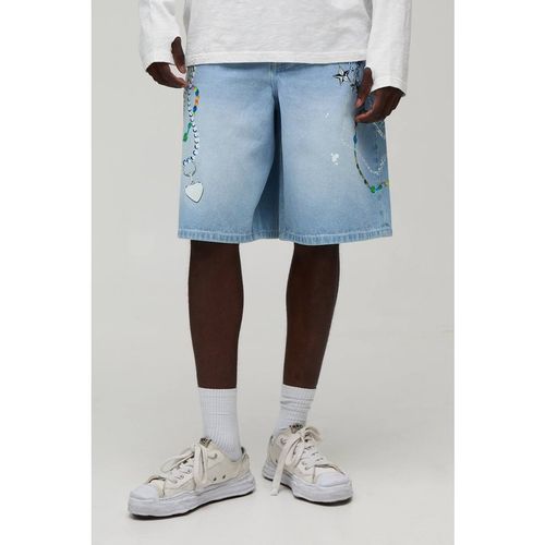 Baggy Paint Splatter Chain Print Washed Denim Shorts | Light Blue