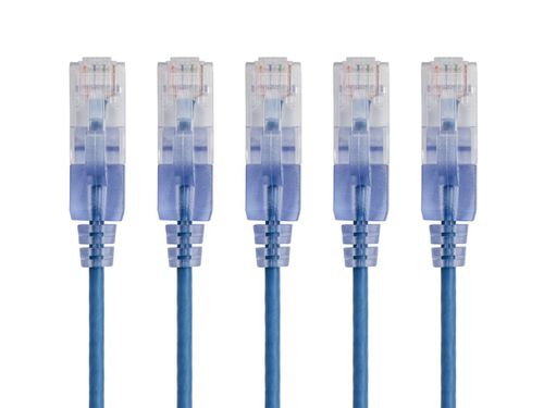 Cat6A 7ft Blue 5-Pk Patch Cable, UTP, 30AWG, 10G, Pure Bare Copper, Snagless RJ45, SlimRun Series Ethernet Cable