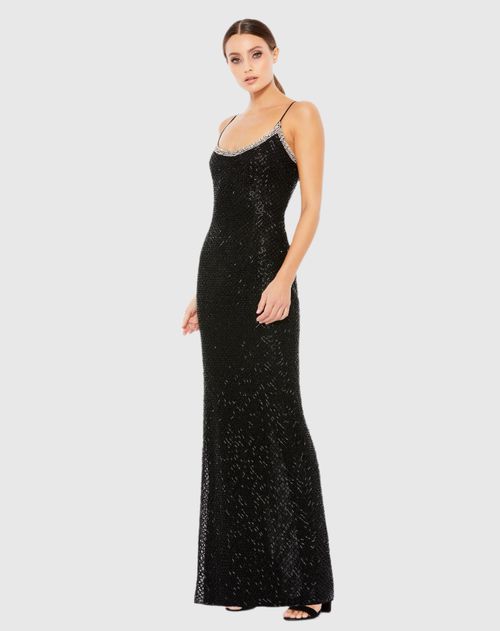 Black Beaded Spaghetti Strap Column Wedding Guest Maxi Gown In
