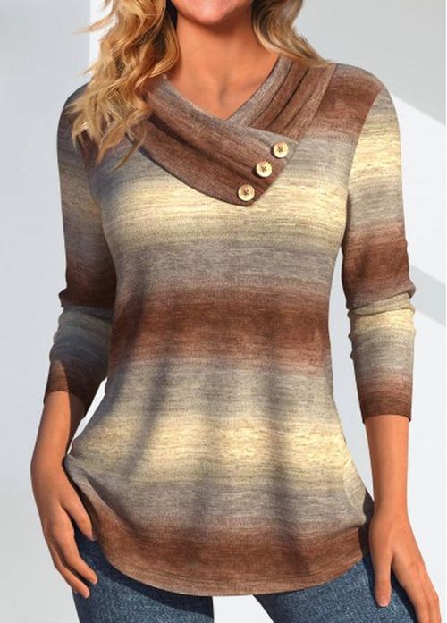 Modlily Light Camel Asymmetry Ombre Long Sleeve V Neck Sweatshirt