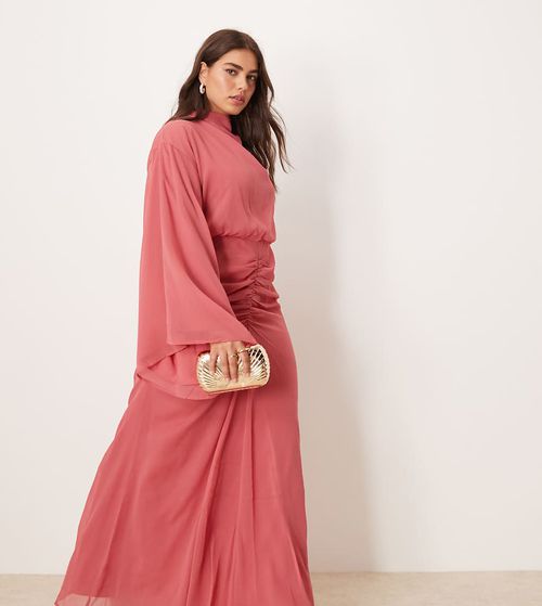 ASOS DESIGN Curve volume sleeve maxi dress with ruched skirt in deep rose-pink