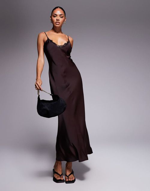 V neck lace trim satin slip maxi dress in chocolate-Brown