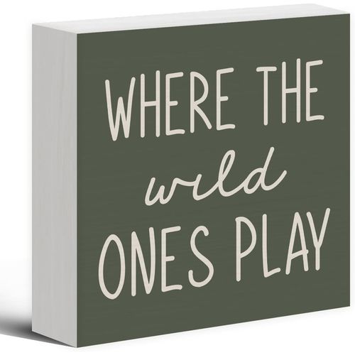 TEMU Where Play Wooden Block Sign - 5x5 Inch Artificial Wood Desk Decor With White Cursive Lettering On Olive Green, Nursery Playroom Wall/tabletop