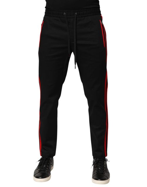 Red-Stripe Cotton Joggers — Black