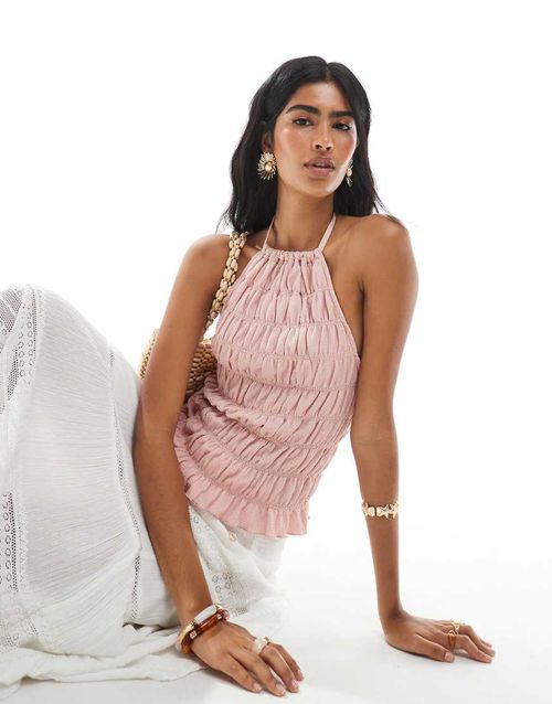 Textured shirred halter top in pink