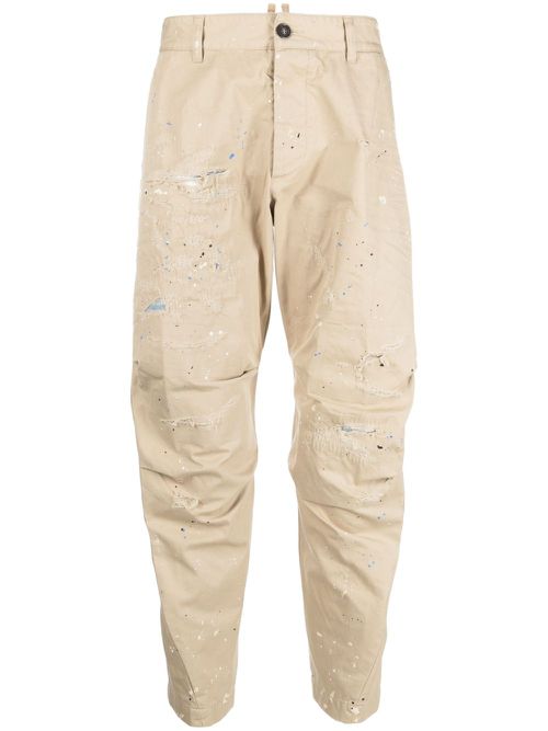 Distressed-effect cotton cropped trousers - Neutrals