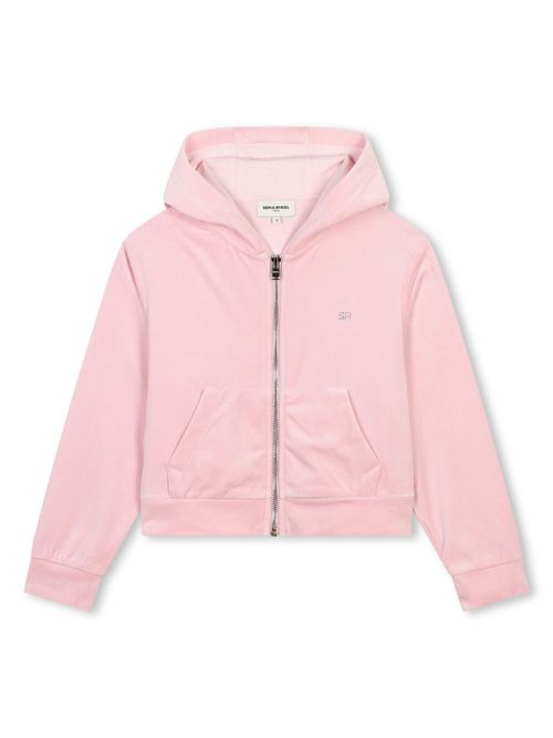 Rhinestones-logo velvet hoodie - Pink