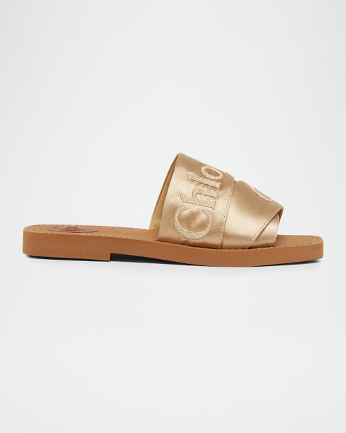 Woody Satin Flat Logo Ribbon Slide Sandals