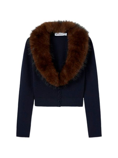 Fur-Collar Cardigan — Navy