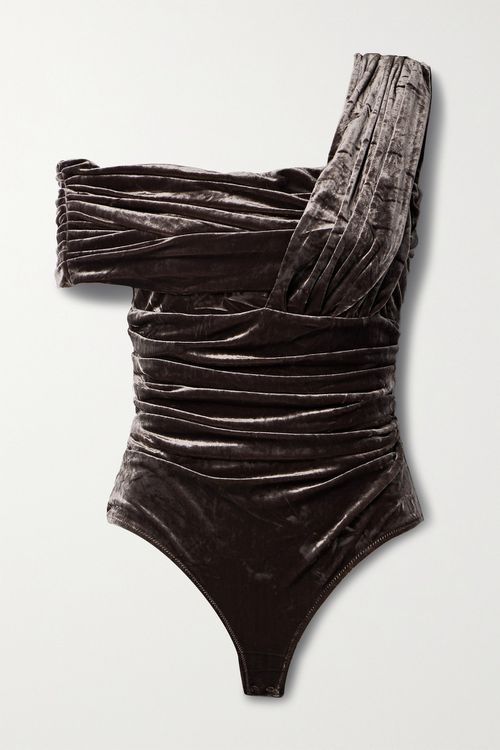 The Tilson One-shoulder Gathered Stretch-velvet Bodysuit - Brown