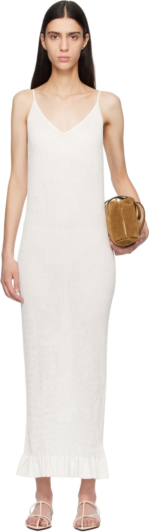 Off-White Smocked Fine Rib Frill Detail Maxi Dress