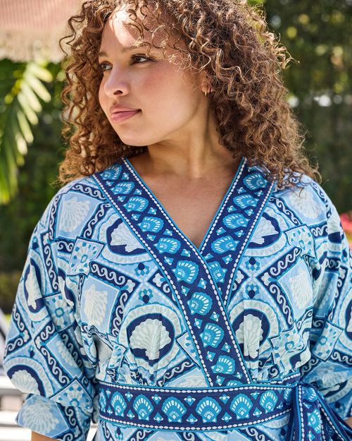 Organic Cotton Half Sleeve V Neck Maxi Dress in Tide & Tile | Women's XL | Blue | Summer Outfit