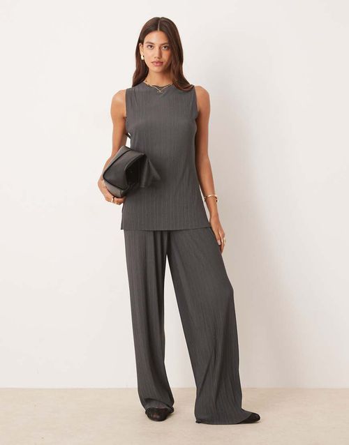 Co-ord pleat mesh straight leg trouser in charcoal-Grey