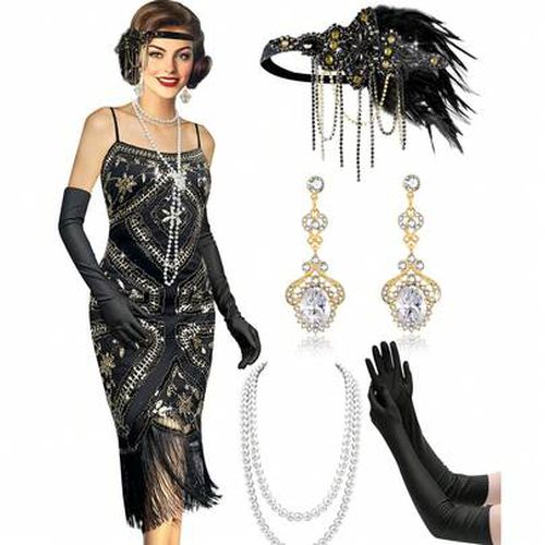 Women's Flapper Dress 1920s Vintage Fringed Sequin Dress Great Gatsby 1920s Dresses Set For Women Christmas Party