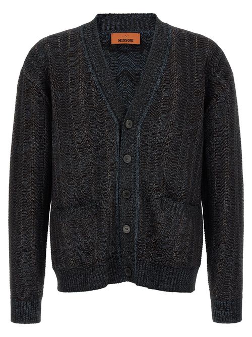 Chevron-Textured Viscose Wool Cardigan — Black