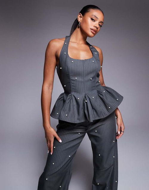 Peplum corset top with pearls in gray pinstripe - part of a set