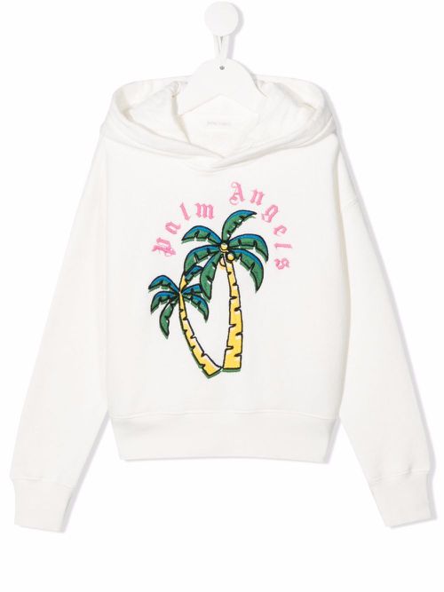 Palm-tree embroidered cotton hoodie - White