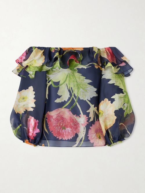 Off-the-shoulder Floral-print Silk-organza Top - Blue