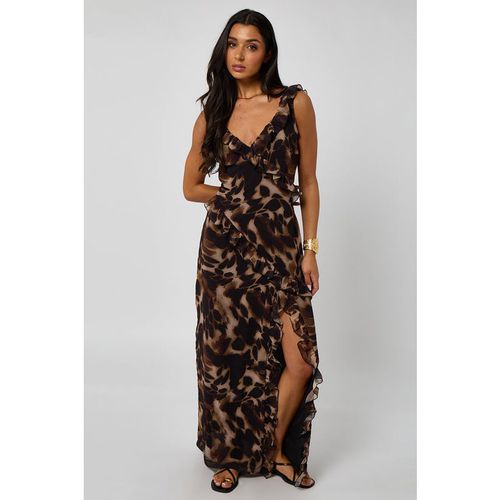Urban Bliss Womens Tortoise Print Ruffle Maxi Dress - Brown