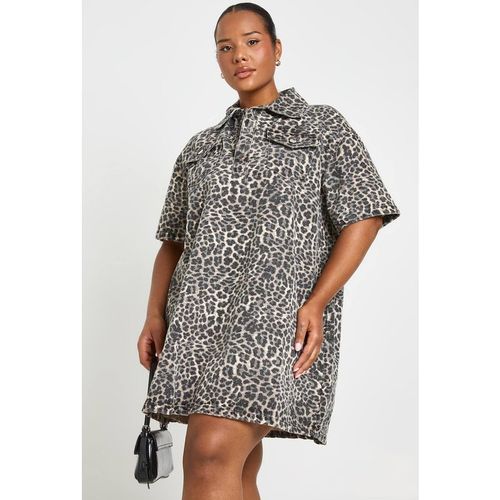Boohoo Women's Plus Leopard Print Short Sleeve Denim Dre