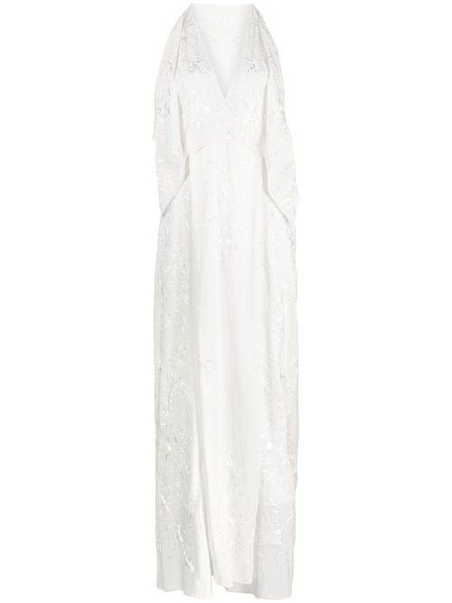 Pomaki floral-embroidered silk dress - White