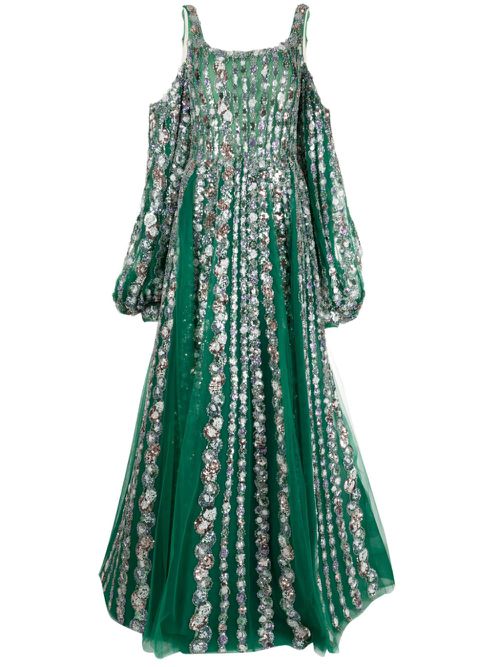Sequinned cold-shoulder tulle dress - Green