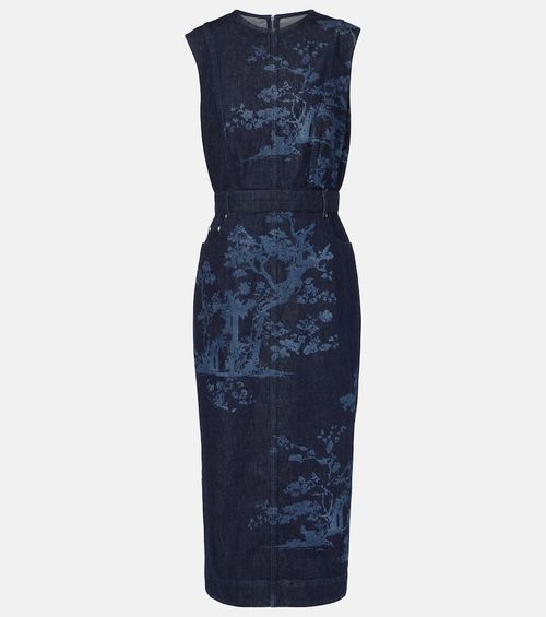 Embroidered cotton denim pencil dress
