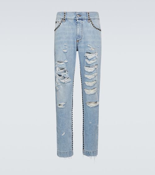 Distressed mid-rise straight jeans