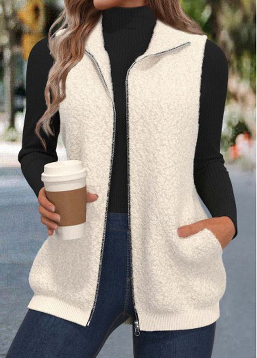 Modlily Beige Zipper Sleeveless Stand Collar Waistcoat
