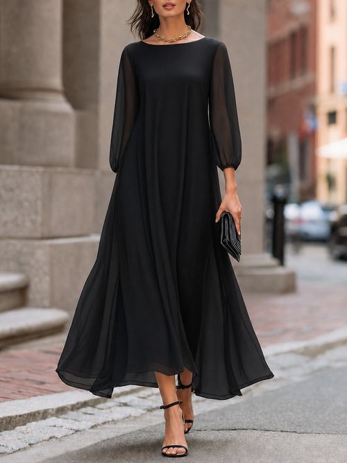 Sheer Sleeve Flowing A-Line Maxi Dress - Black