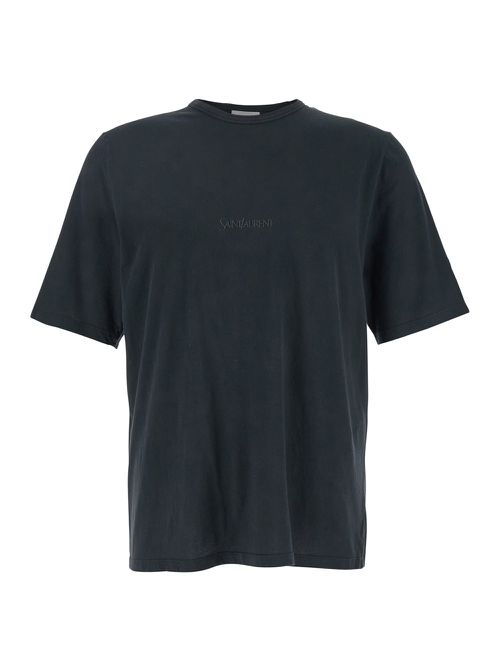 Dark Grey T-shirt With Logo Lettering On The Front Tone-on-tone In Cotton Man