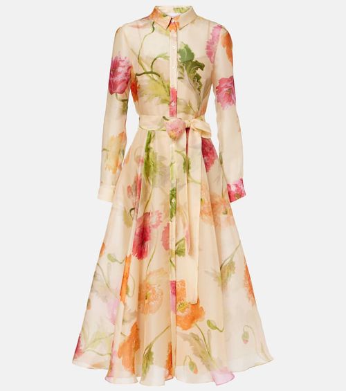 Belted floral silk shirt dress
