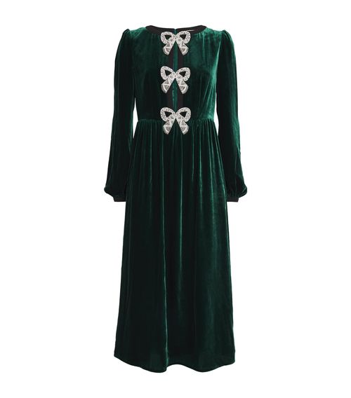 Velvet Embellished Camille Bows Midi Dress