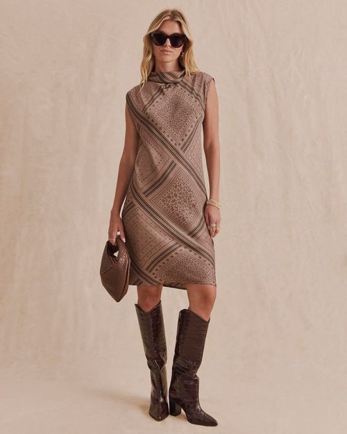 Scout Mock Neck Mini Dress - Taupe Grey Bandana